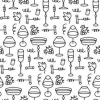 Seamless hand drawn pattern with wine, glasses and corkscrews. Beverage vector background in doodle linear style.