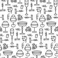 Seamless hand drawn pattern with wine, glasses and corkscrews. Beverage vector background in doodle linear style.