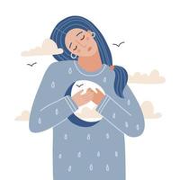 Yound homan looking sad with a hole in her chest. An analogy to sadness, depression, mourning, bad feelings. Isolated flat hand drawn vector illustration.