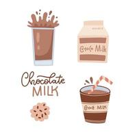 Set of chocolate milk. Choco milky with splash in full glass. Drink in a cardboard box and a cardboard cup with a straw Vector flat hand drawn illustration isolated on white.