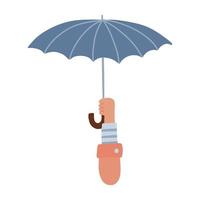 Hand holding umbrella isolated on white background. One Human hand keeping open blue parasol. Rainy weather device. Protection or insurance concept. Flat hand drawn vector illustration