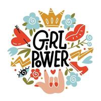 Girl power - vector hand drawn lettering concept with female symbols in flat doodle style. Feminism round composition. Circle chape illustration for cards and banners isolated on white background.