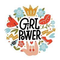 girl power - concepto de letras dibujadas a mano vectorial con símbolos femeninos en estilo de garabato plano. composición redonda del feminismo. ilustración de cape circular para tarjetas y pancartas aisladas en fondo blanco. vector