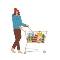 mujer joven empujando el carro de la compra del supermercado lleno de comestibles. personaje femenino en ropa casual de otoño. ilustración vectorial plana aislada sobre fondo blanco. vector