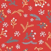 Seamless christmas red background with snowflakes, fir tree sprigs and red berries. Winter seamless pattern for happy new year and merry christmas vector illustrations.