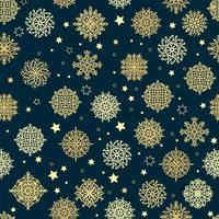 Seamless pattern of snowflakes. Golden snowflakes on dark blue background. Flat vector illustration