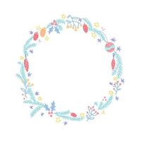 Merry Christmas Wreath. Xmas background with round frame with holiday elements in color. Element for the design of postcards, posters, invitations. Vector hand drawn illustration.