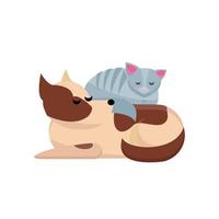 Cozy pet friends concept. Grey cat sleaps on dog. Dog and cat together. Funny dog with cat are best friends. cute sleeping dog and cat. best friends. Flat style vector character illustration