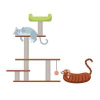 Tabby kittens on the scratching post. Scratching rope post. Cat house with hanging ball toy. Cute cat lying on cat tower. Flat cartoon vector illustration
