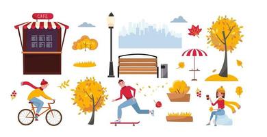 Set of objects for autumn park isolated on white background. Landscaping elements. Vector cartoon flat illustration with trees and people.