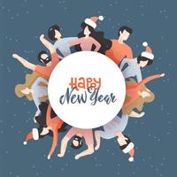 Round of Friends as a symbol of New year party. Happy Ney year greeting card. People hugging and smiling. Modern hand drawn flat isolated illustration with hand lettering vector