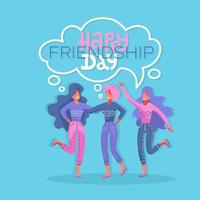 tres hermosas mujeres jóvenes en un momento de amistad. ilustración vectorial de estilo plano moderno. feliz tarjeta de felicitación del día de la amistad. 3 chicas abrazándose y sonriendo para un evento de celebración de amigos. vector