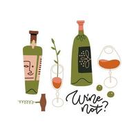 botellas de vino y un par de copas con sacacorchos. el vino no es una frase divertida con letras. afiche de tipografía coloreada, diseño de elemento de menú de bar o restaurante, invitación de fiesta. ilustración vectorial plana. vector