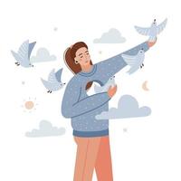 Young sad woman frees the birds from her chest. A girl with a hole in her chest concept. The psychological metaphor of mental health, manipulation or dependence. Vector flat hand drawn illustration