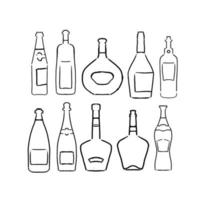 Set of linear hand drawn Sketch Bottles. Collection of different alcohol beverages. Linear vector illustration.