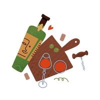 Bottle of wine and two wine glasses on wooden cutting board, top view concept. Vector flat hand drawn illustration