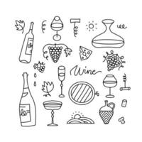 Doodle hand draw wine elements set on white background. Linear bottles, glasses, grapes etc. Line vector illustration collection.