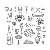 Doodle hand draw wine elements set on white background. Linear bottles, glasses, grapes etc. Line vector illustration collection.