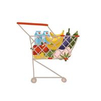 Supermarket shopping cart full of healthy products, fruits and vegetables. Flat hand drawn vector illustration isolated in transparent background.
