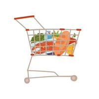 Shopping trolley full of food, fruit, products, grocery goods. Grocery shopping cart. Buying food in supermarket concept. Vector flat hand drawn illustration for advertising banner .