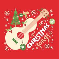 Christmas songs guitar on red background. Vector greeting card with acoustic guitar, decorations and text.