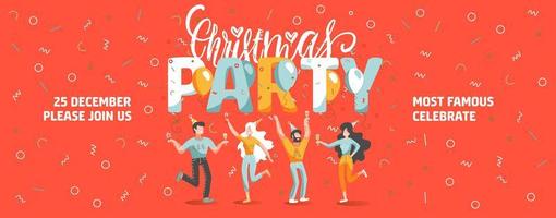 Plantilla de boleto de invitación vectorial para la fiesta de Navidad con gente divertida bailando y bebiendo vino. banner de año nuevo con texto de letras. vector