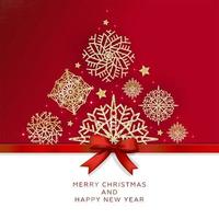 Christmas and New Year. Vector greeting card with Christmas tree of glittering snowflakes and red ribbin and bow.