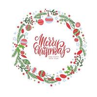 Christmas wreath with berries, spruce branches, leaves and snowflakes on white background. Hand drawn circle frame. Perfect for holiday greeting cards vector