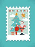 Large Postage stamp greeting card of colorful Christmas. Santa with red bag and xmas tree. Vector flat hand drawn illustration.