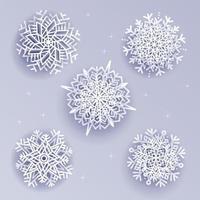 copos de nieve en volumen estilo 3d sobre fondo blanco plateado. cristal de hielo con sombras. elemento de diseño de invierno vectorial para sus proyectos de navidad y año nuevo
