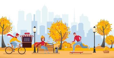 Fall season park zone with people. Large public garden in autumn, land area with yellow grass and trees for fun and recreation, happy citizens enjoy open air activities, walk. Vector flat illustration