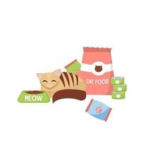 Cat with cat foods concept. Cat next to packing cat food and cans. Flat vector cartoon Illustration of a kitten about to eat food. sitting next to food bowl, placed on the floor. Pet feeding and care.