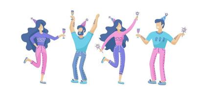 conjunto de personas felices en una fiesta festiva. hombres y mujeres positivos con champán y bengalas bailando y divirtiéndose. colección de personajes modernos dibujados a mano por vectores. vector