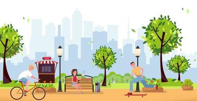 Summer park with people. Public city park city with cyclist, skater, free wifi, Fast Food Street Cafe, buildings silhouettes. Landscape with trees, lights, benches. Flat cartoon vector illustration
