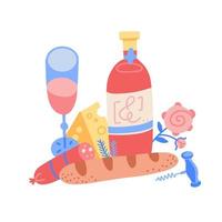 Still life conposition with Bread, salami, cheese, rose. One bottle of wine and a glass of red wine. Vector flat hand drawn illustration