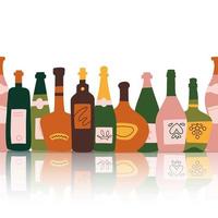 Seamless border - Collection of alcoholic drinks. Group of bottles of alcohol standing nearby with reflection on table . Hand drawn flat vector Illustration isolated.