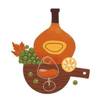 Still life of cognac bottle, cognac glass, grapes and lemon slice on wooden board. flat vector textured illustration.