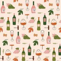 Modern flat design wrapping paper seamless pattern featuring different wine bottles with grapes, wine glasses and corkscrew. Flat hand drawn vector illustration.