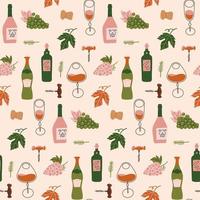 Modern flat design wrapping paper seamless pattern featuring different wine bottles with grapes, wine glasses and corkscrew. Flat hand drawn vector illustration.