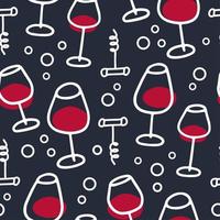 Seamless pattern with wine glasses and corcscrew. Background for cards, decoration, menus, web, banners and designs related to wine and holidays. Vector linear illustration with abstract shapes.