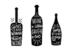 conjunto tipográfico de siluetas de botellas de vino con citas de letras. ilustración vectorial de escritura a mano diseñada para la creación de menús, impresiones, afiches, pancartas y etiquetas publicitarias vector