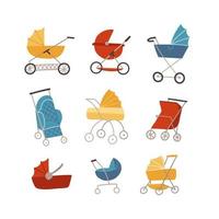 Set of childish hand drawn colorful folding stroller, buggy, baby carriage, child wagon, infant transport. Newborn or toddler go-cart for comfortable walking transportation. Flat vector design