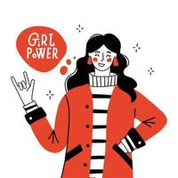 Girl Power Poster in Modern Doodle Style. Happy Young Woman Gesturing Rock Sign. Freedom. Motivational Slogan Feminism Quote - Girl power. Gender Equality Label. Vector Design Illustration.