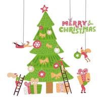 Small male and female people character decorated big Christmas tree. Vector modern flat illustration in scandinavian style.