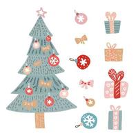 saludos navideños con objetos decorativos aislados de invierno: adornos, juguetes, cajas de regalo, árbol de navidad sobre fondo blanco. ilustración moderna de vector plano dibujado a mano.