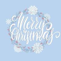 Merry Christmas brush lettering text decorated with hand drawn branches with red berries and snowflakes. Greeting card design element. Vector typography.