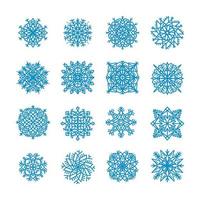 Big set of different vector snowflakes. Blue silhouette snow flake sign isolated on white background. Flat design. Symbol of winter Christmas, New Year holiday. Graphic element decoration