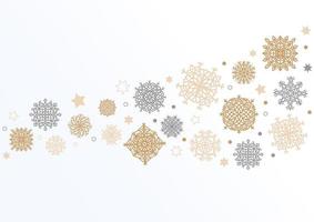 Wave snowflake background with Stars. Gray swirl of golden and silvern snowflakes and stars. New Year border. Flat vector illustration isolated on white background