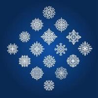 Set of beautiful patterned laser cut snowflakes. Template christmas, new year decorations designs. Elements for the New Year holidays. Vector illustration on a blue background
