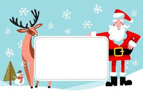 Cartoon Santa Claus and reindeer with empty banner. Vector vintage Christmas greeting card design. Free space for text.